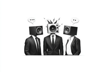 Three businesspeople with speaker heads engage in conversation, showcasing a dynamic concept.