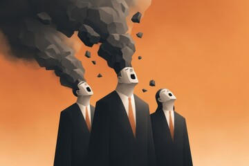 Three suited figures with smoke emerging from their heads, set against an orange background.