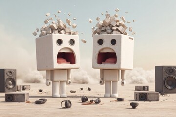 Two quirky characters with open mouths and debris erupting from their heads in a desert setting.