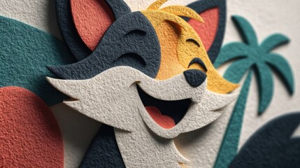 Whimsical cartoon fox smiling against a textured background with palm leaves.