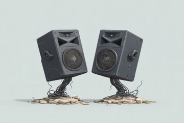 Two speakers with tangled wires emerging from rocks, displaying a creative, surreal design.