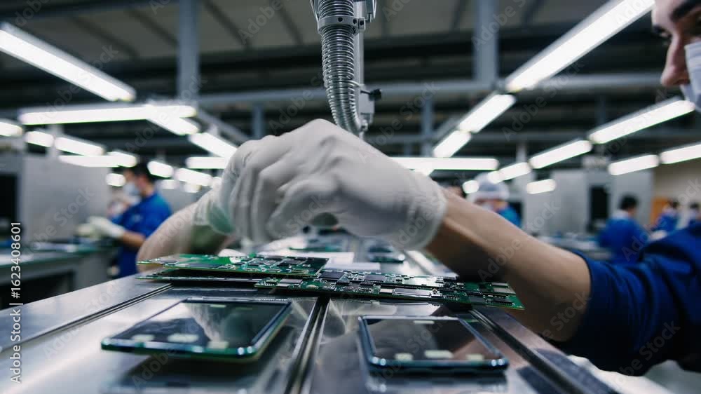 Poster hightech factory precision workers assembling electronics perfect for business presentations, boosti