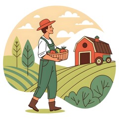 Flat Vector of Male Farmer Holding Basket of Vegetables in Green Field — Organic Countryside Farm Scene with Barn and Tractor
