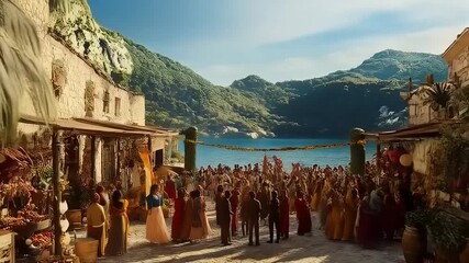 Tropical Celebration: Crowd Gathering near Beautiful Turquoise Ocean Coast