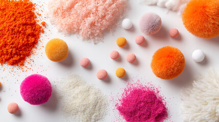 Vibrant fluffy spheres and powders in bright colors pom poms pink