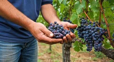 Vineyard worker inspects grapes affected by vine diseases like black rot amidst ripe bunches