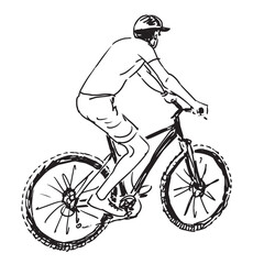 Cyclist in cap riding bicycle on summer day, side view, vector sketch on white background