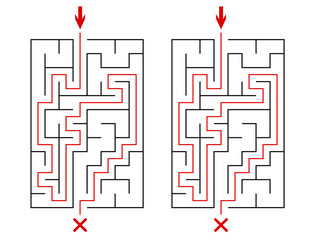 Vertical rectangular labyrinth with entry and exit. Children logic game, easy difficulty level. Not hard vector riddle solated on white background for kids and parents with solution