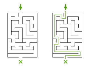 Vertical rectangular labyrinth with entry and exit. Children logic game, easy difficulty level. Not hard vector riddle solated on white background for kids and parents with solution