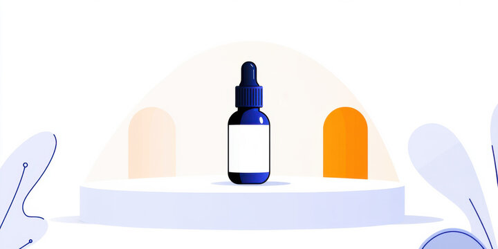 Blue dropper serum bottle with blank label standing on white display platform with abstract arch shapes background. Skincare cosmetic product template for branding and advertisement