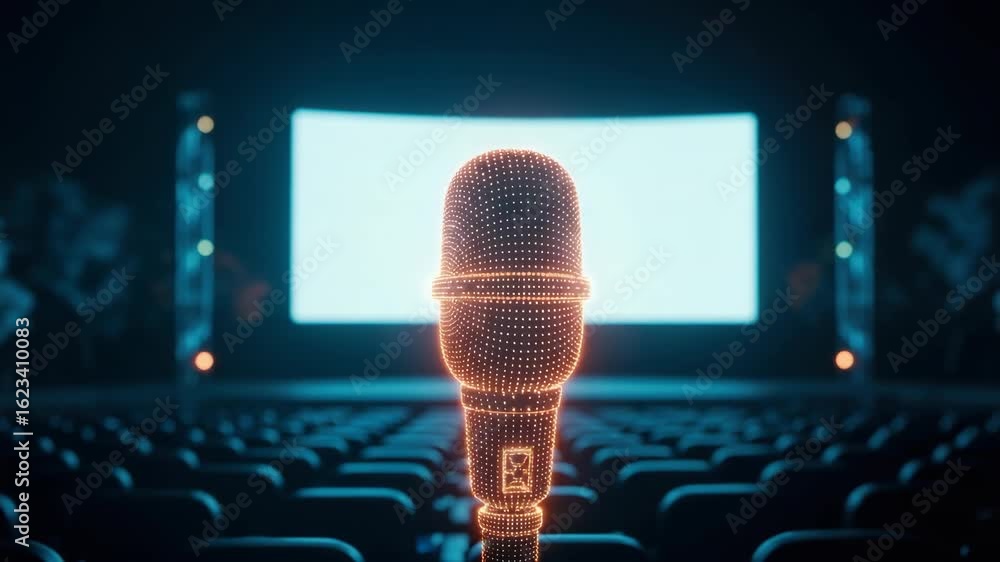 Poster a glowing microphone stands prominently in a darkened theater with a large blank screen in the backg