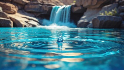 A drop of water falling into a clear blue pool with a waterfall in the background. Nature scene focusing on water and waterfalls.