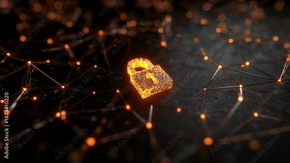Poster a bright padlock surrounded by an intricate web of glowing connections illustrating the concept of i
