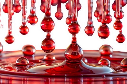 Red liquid droplets falling and splashing on a surface, creating ripples and abstract patterns, isolated on transparent background