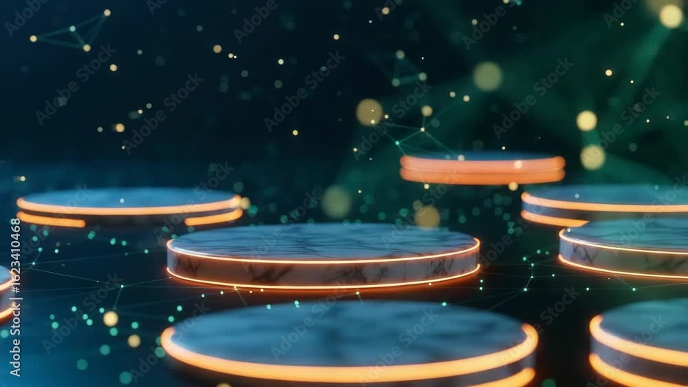 Poster a mesmerizing digital landscape featuring floating circular platforms illuminated by glowing edges s
