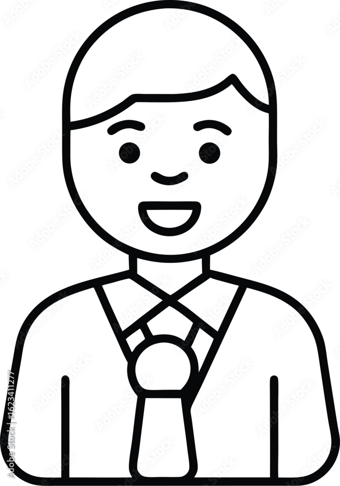 Poster simple line art icon of a smiling man in a suit isolated on transparent background