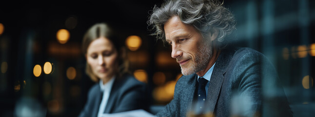 A man and woman in professional attire are seated at a modern office desk, intently focused as they write or review documents, suggesting a serious business meeting or collaborative work session.