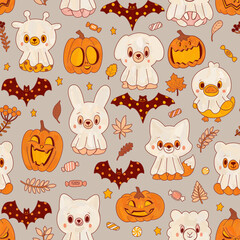 Funny Halloween gray doodle pattern. Baby animals in ghost costumes, pumpkins and bats. Illustration in folk kids style.