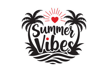 Summer vibes hand lettered typography with palm trees and heart