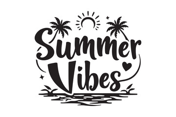 Summer vibes hand lettered typography with palm trees and sun