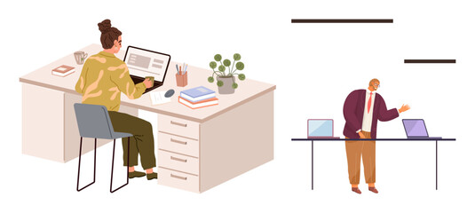 Woman working at desk with laptop amid office supplies man presenting with laptops on table. Ideal for teamwork, remote work, office culture, productivity, learning, business, communication. Simple