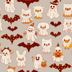 Funny halloween gray cartoon pattern. Day of the dead holiday wallpaper. Kids animals in ghost costumes and bats. Illustration in folk kids style.