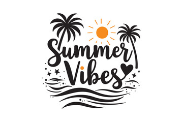Summer vibes text with palm trees sun and waves illustration