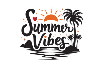 Summer vibes typography with palm trees and sun