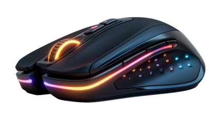 High-performance RGB gaming mouse with programmable buttons and ergonomic design. Advanced optical sensor and LED lighting for competitive gamers.  Isolated on transparent background, png	