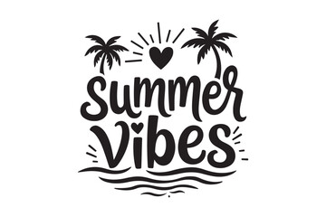 Hand drawn summer vibes lettering with palm trees and ocean waves