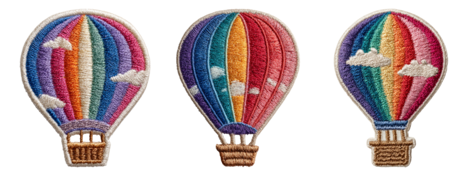 Colorful Embroidered Hot Air Balloons Isolated on Transparent Background