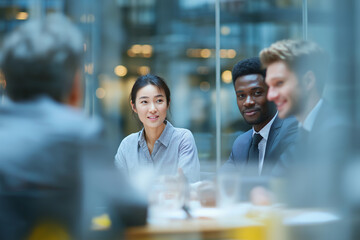 A confident businesswoman actively leads a discussion with two male colleagues in a modern glass-walled office, showcasing teamwork and communication in a professional setting.