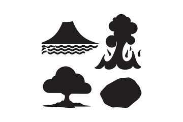 Set of four black silhouette icons representing nature and disaster elements