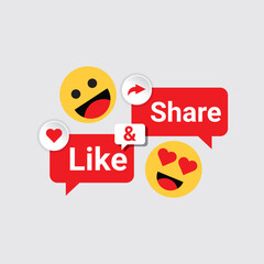 Social Media Like and Share Notification with Emoji, Social media notification for like and share with emojis and red chat bubbles
