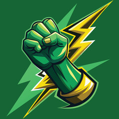Green superhero fist with yellow lightning bolt