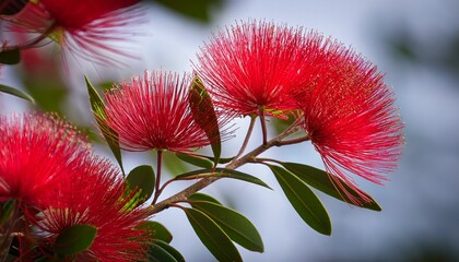 leaves and dark red flowers of the pohutukawa metrosideros excelsa also called new zealand christmas tree