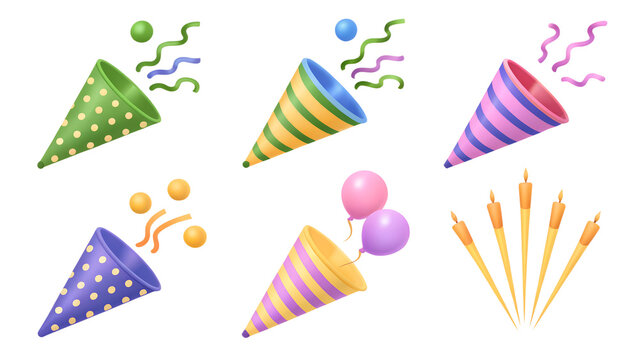 Clapper and confetti, popper for celebration or party events. Vector isolated set of 3d icons, burst of ribbons, surprise congratulation, serpentine decoration for posters 