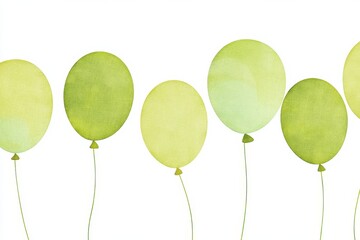 Green balloons with strings float against white background, festive party decoration element for birthday or celebration creating cheerful atmosphere