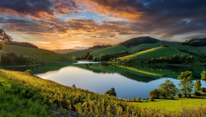 Obraz premium a serene lake surrounded by lush green and autumn colored trees mist rises from the water reflecting the vibrant foliage and blue sky