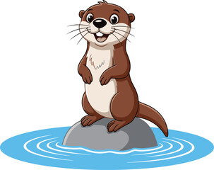Cute cartoon otter standing on rock with smiling face and rippling water—playful vector for kids, nature art, and aquatic decor