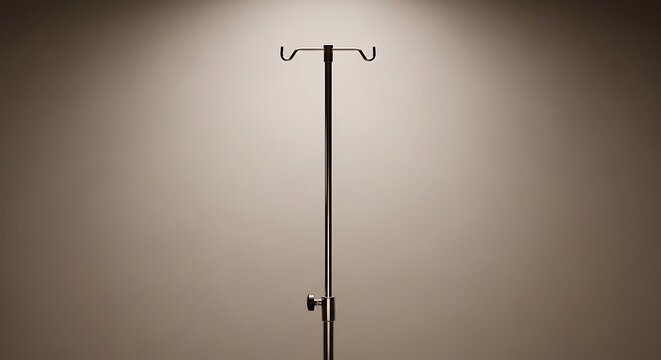 A solitary metal intravenous drip stand under a dramatic spotlight, symbolizing healthcare and medical treatment.