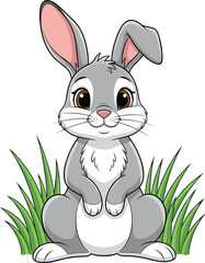 Cute gray cartoon rabbit sitting upright with bent ear and white belly—playful forest vector for children’s art, nature themes, decor
