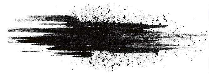 Black ink splatter banner, horizontal streaks isolated on a white background.