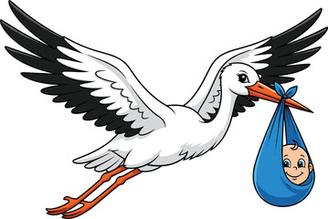 Whimsical cartoon stork carrying smiling baby in blue bundle, playful vector illustration for birth announcements, children’s products, and storytelling