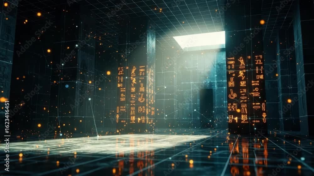 Poster a futuristic digital temple with glowing hieroglyphs and particles in the air illuminated by a skyli