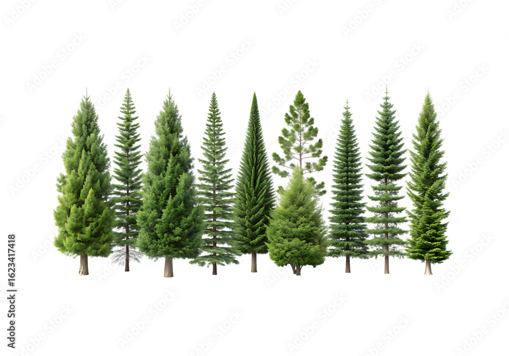 Poster vector art of collection of various pine and fir evergreen trees isolated on transparent background