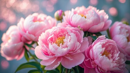 Pink peonies in full bloom with soft blurred background, showcasing vibrant colors and delicate petals.