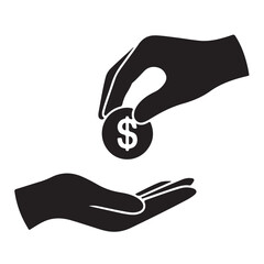 Hand giving dollar coin to another hand money receiving
