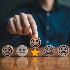 Customer feedback and satisfaction rating with wooden circles displaying emotions and a hand selecting a happy face for positive review