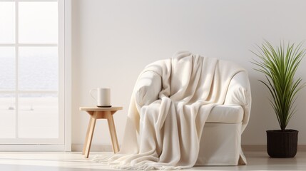 Cozy armchair with blanket, mug on side table in bright living room